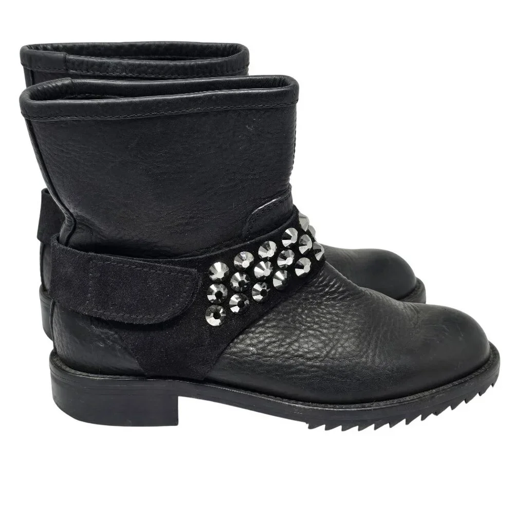 Pedro Garcia Kian Black Leather Swarovski Embellished Moto Boots, Women's 36 - Picture 3 of 7